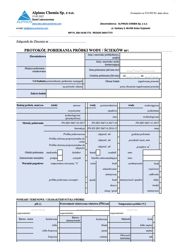 F11 PO 03 Protokół pobrania próbki wody (ścieków)